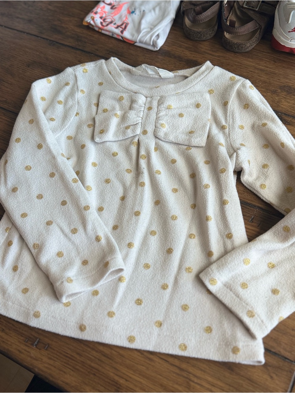 H&M Cream Long Sleeve Light SweaterTop with Gold Polka Dots and Front Bow Detail